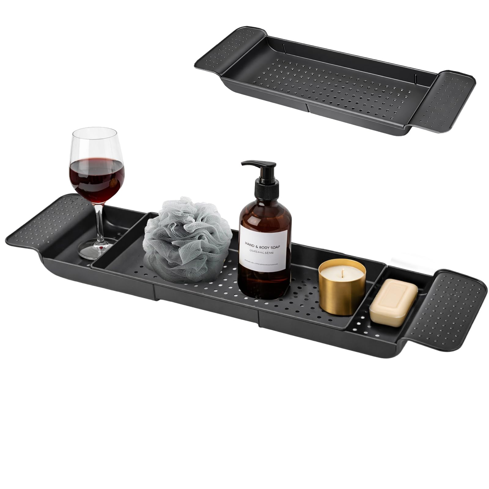 Adjustable Bathtub Caddy Tray – Extendable Bath Rack Shelf for Wine, Candles, Books, Tablets & Phones – Durable PP Bathroom Organizer for Relaxing Soaks (Black)