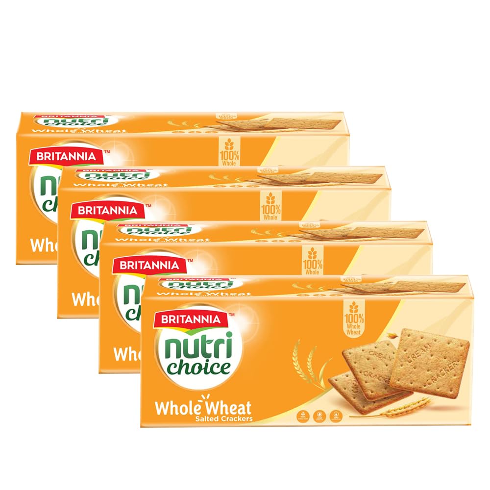 Britannia Nutri Choice Whole Wheat Salted Crackers 7.05oz (200g) - Healthy Breakfast & Tea Time Snacks (Pack of 4)