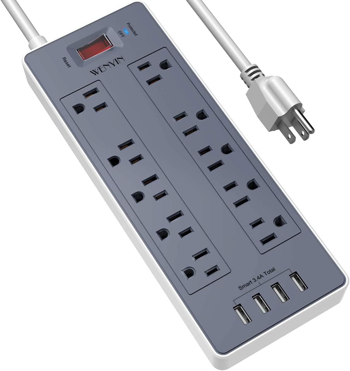 Surge Protector, WENYIN Power Strip with 10 Outlets and 4 USB Ports, Heavy Duty 8 Feet Extension Cord (1875W/15A) for Multiple Devices Smartphone Tablet Laptop Computer, ETL Listed