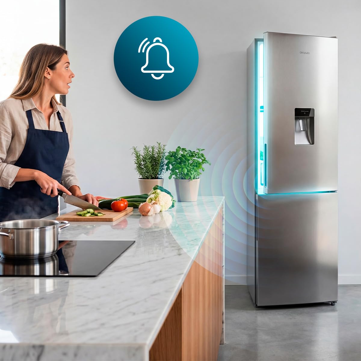 Cecotec Frigorifero Combinato con Dispenser Acqua 322L Bolero CoolMarket Combi 322i WD Inox D. Altezza 185,5cm, Larghezza 59,5cm, Tecnologia Multi Airflow, HumidityFlex HUB, LED Interno