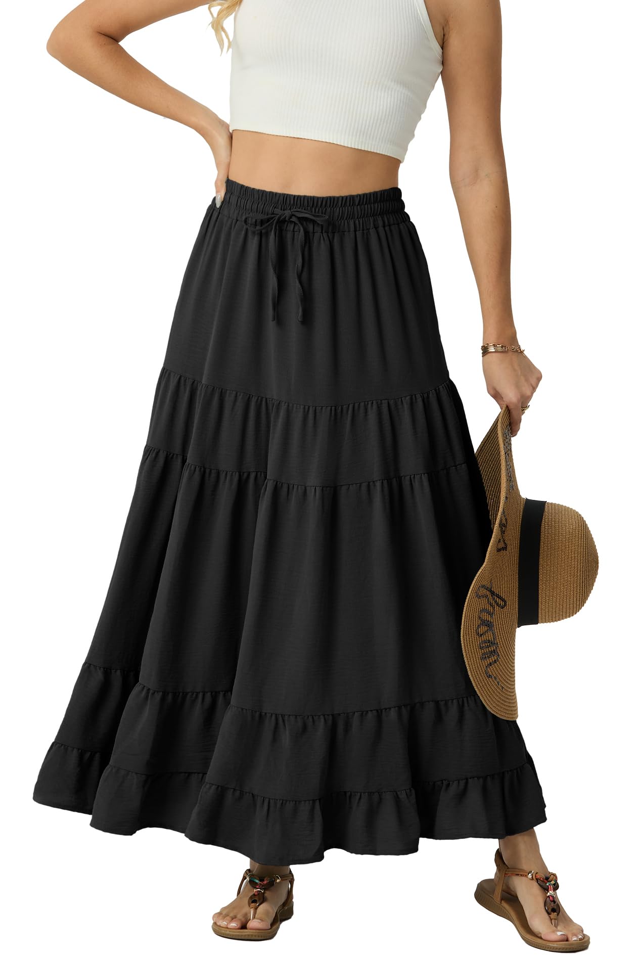 IWOLLENCE Gonna estiva da donna, lunga, leggera e ariosa, con tasche, con coulisse, leggera, traspirante