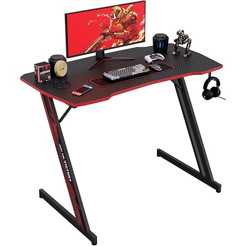 PayLessHere 39 Inch Modern Z-Shaped Computer Desk for Home Office with Headphone Hook - Sturdy Workstation Table with Spacious Desktop,Red