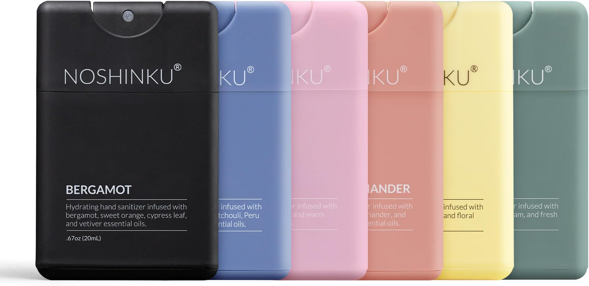 Noshinku - Refillable Hand Sanitizer Discovery 6-Pack, Travel Size Spray with Hydrating Botanical Mist, Natural Ingredients, All Natural Fragrances, Sugarcane-Derived Alcohol, No Parabens, No Dyes