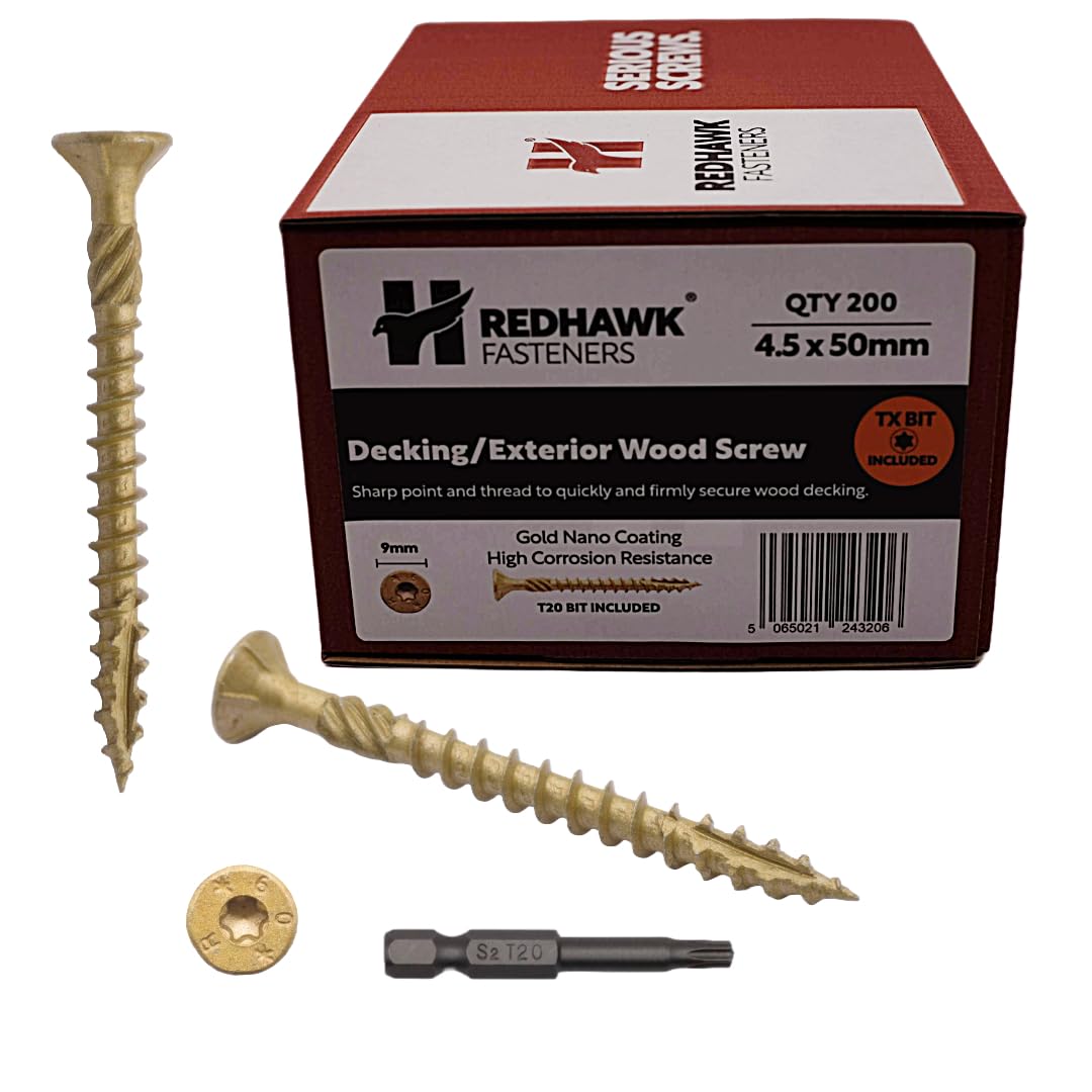 Box of 200 Redhawk Fasteners® Decking/Exterior Wood Screw, Gold, 4.5 x 50mm