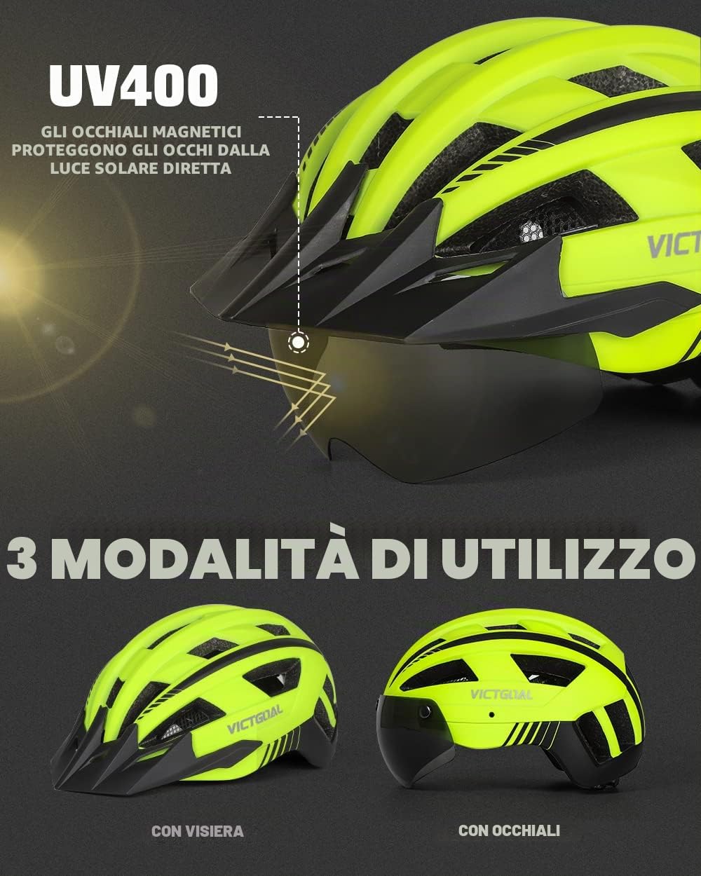 VICTGOAL Casco da ciclismo da uomo e donna, con visiera magnetica rimovibile, traspirante, con 21 canali di ventilazione, casco da bicicletta regolabile