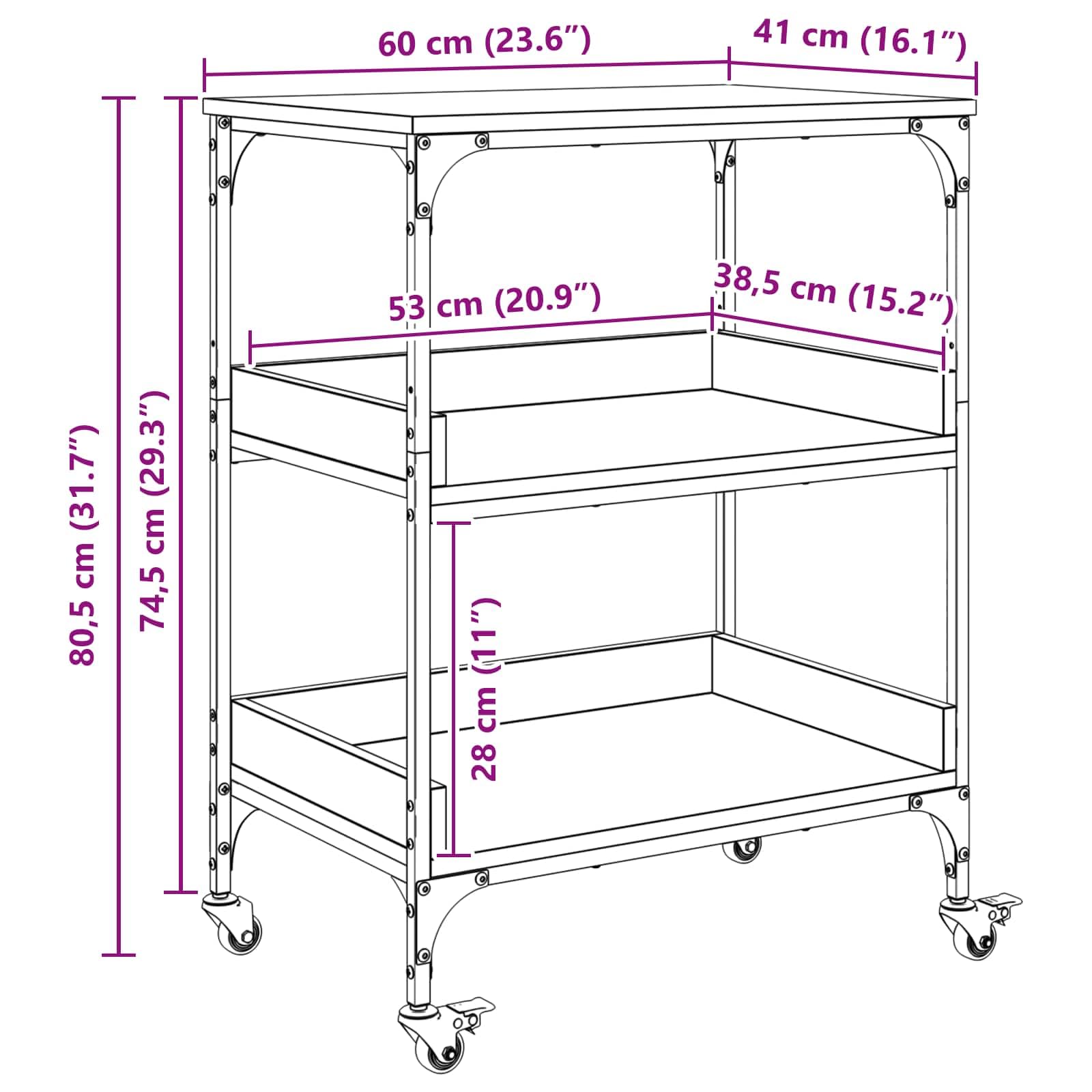 vidaXL Carrello da Cucina Rovere Sonoma 60 x 41 x 80,5 cm, Carrello cucina moderno, funzionale e resistente con tanto spazio, organizzatore per interni