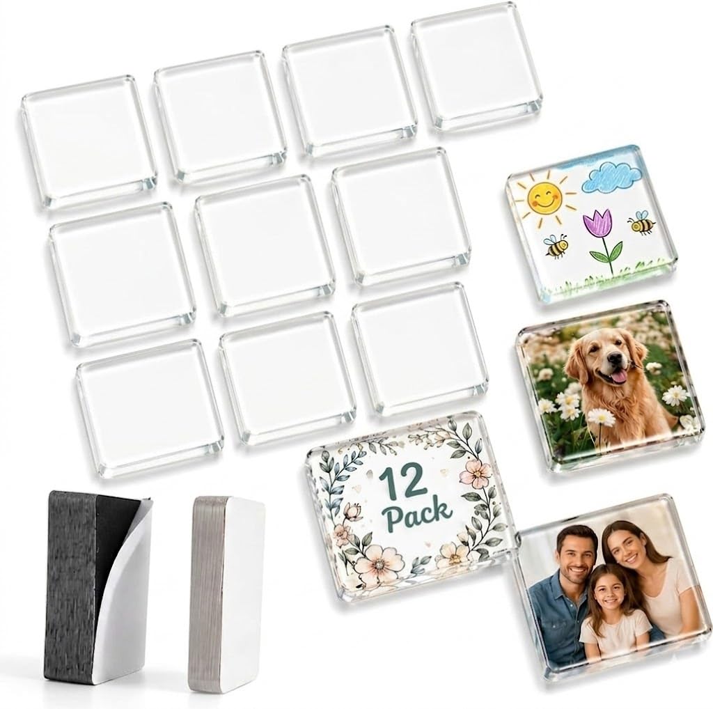 Photo 1 of 12 Pack Acrylic Photo Magnets for Fridge, DIY Custom Clear Magnet Kit with Adhesive Backing, 2x2 Inch Square, Strong Magnetic Back, Perfect for Photos, Kids Art, Gifts & Home Decor