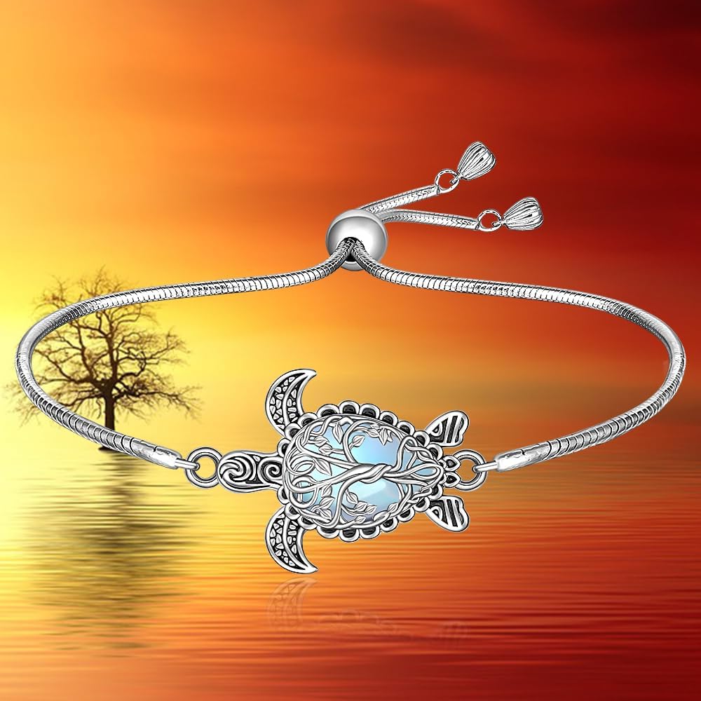 Fenthring Turtle Bracelet Moonstone Tree of Life Sea Turtle Bracelet for Women Sterling Silver Adjustable Ocean Beach Hawaiian Sea Jewelry Christmas Birthday Gifts - Image 8