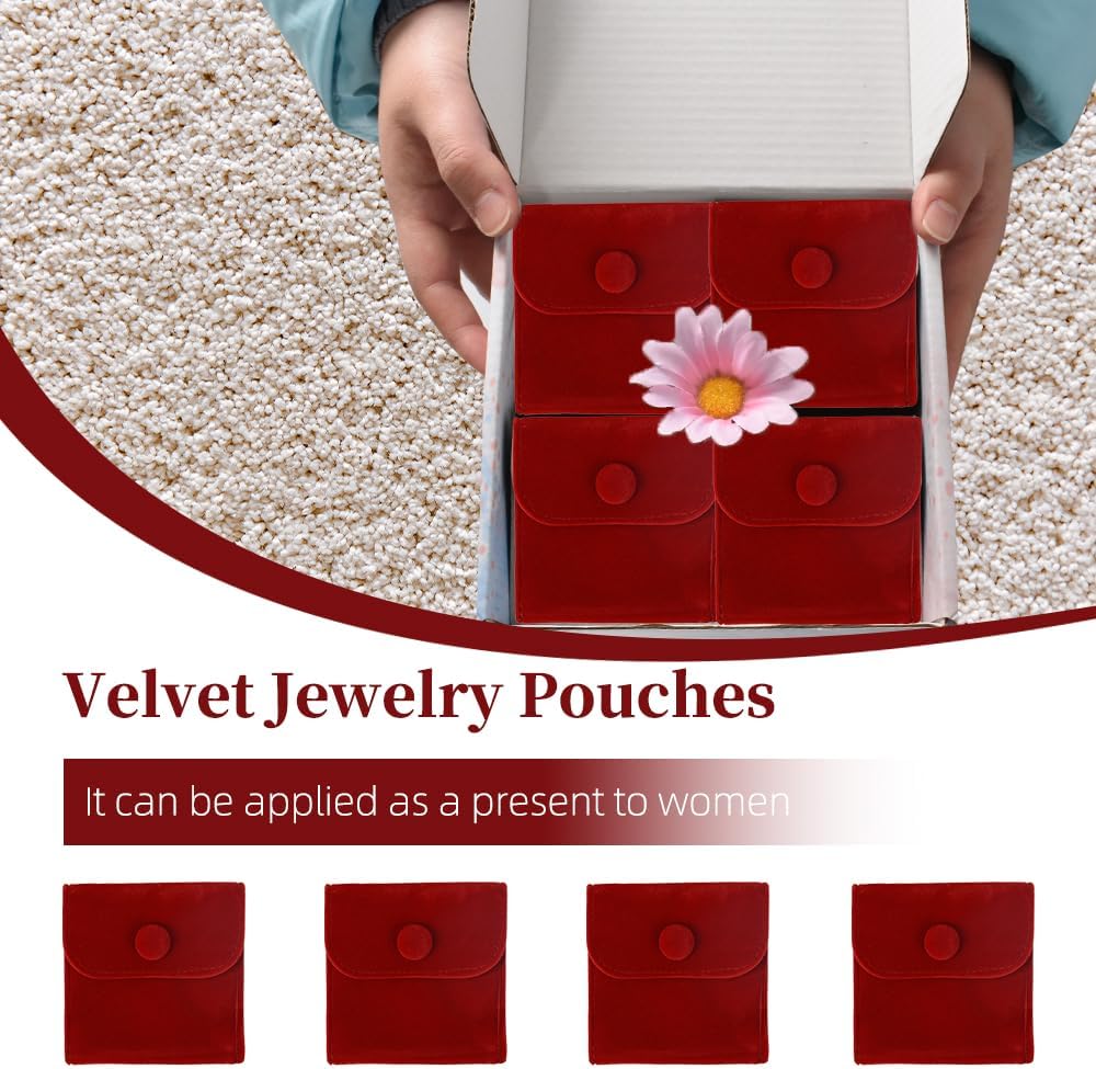 20PCS Velvet Jewelry Pouches with Snap Button, Small Microfiber Velvet Jewelry Bag for Storing Ring Bracelets Necklaces Earring(Red)