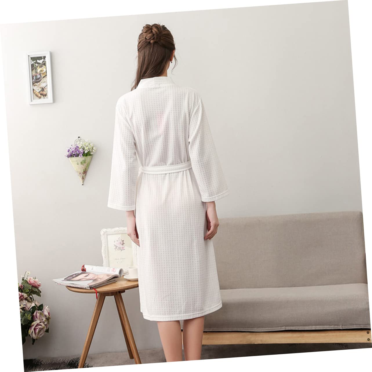 Accappatoio Donna Uomo 7/8 Manica in Poliestere Bianco Vestibilità Comoda Stagione Calda Stagione Tiepida
