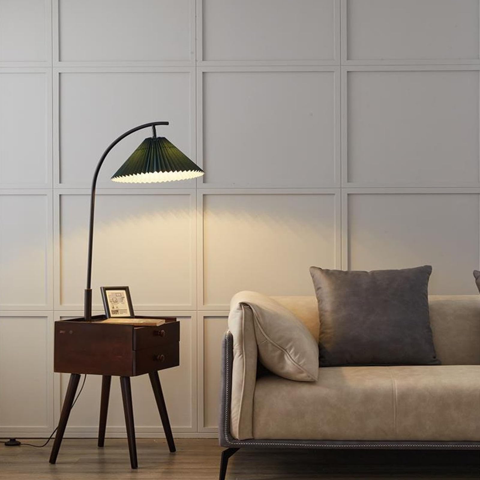lampa podłogowa Kwadratowa szafka nocna LED Smart z bezprzewodową stacją ładującą i portem ładowania USB, nowoczesny mały stolik nocny z 2 drewnianymi szufladami do sypialni do salonu(Brown)