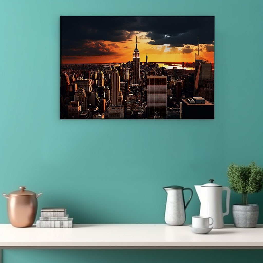 Canvas for Living room. Sunset Majesty Over New York � Empire State Building's Grandeur Amidst a Fiery Sky, 27 x 18 inch Canvas Wall Art - Ready to Hang