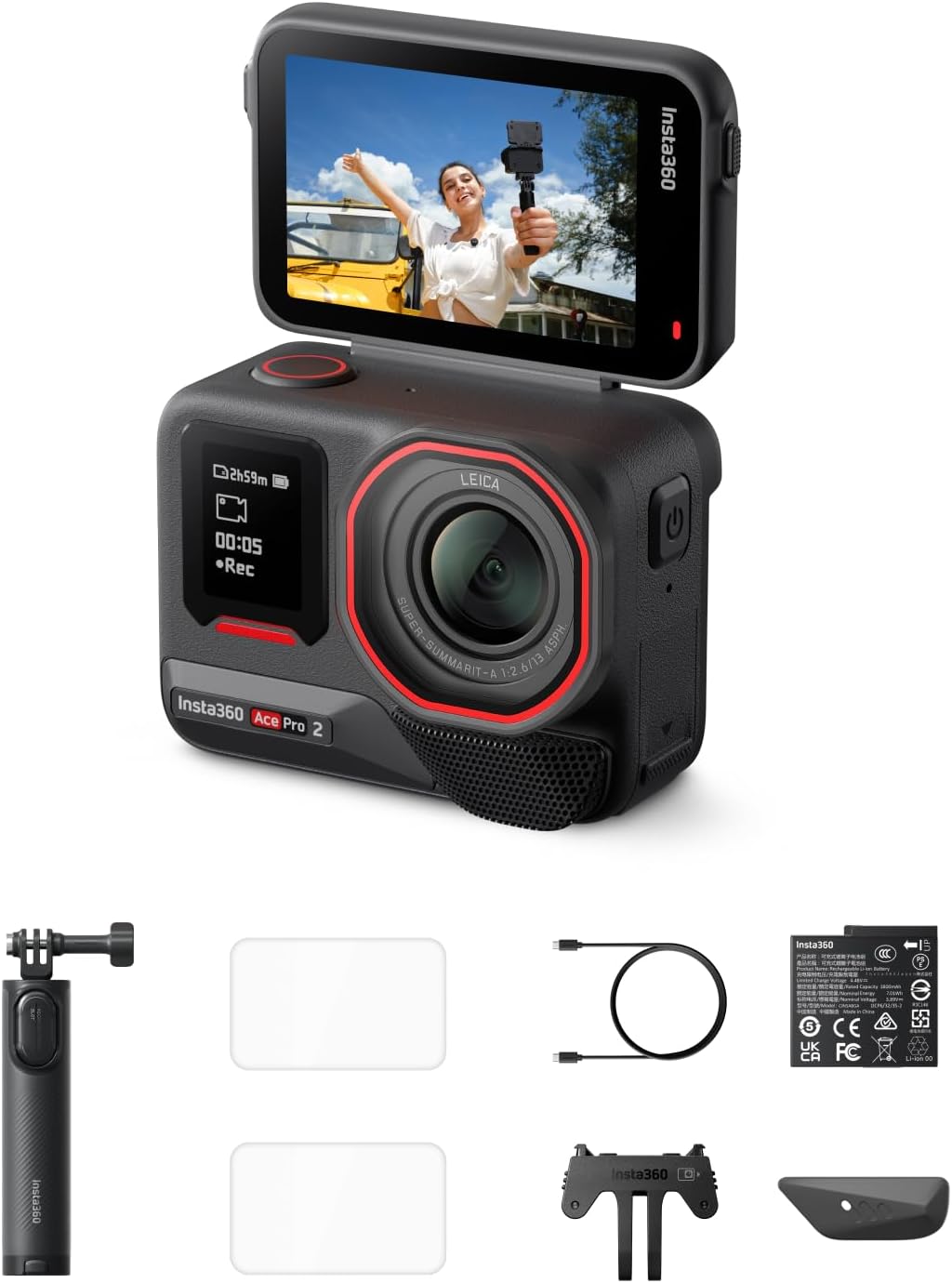 Ace Pro 2 Starter Bundle - 8K Waterproof Action Camera Co-Engineered with Leica, 1/1.3" Sensor, Dual AI Chips, Superior Low-Light, 2.5" Flip Screen for Vlogging, Travel & Sports
