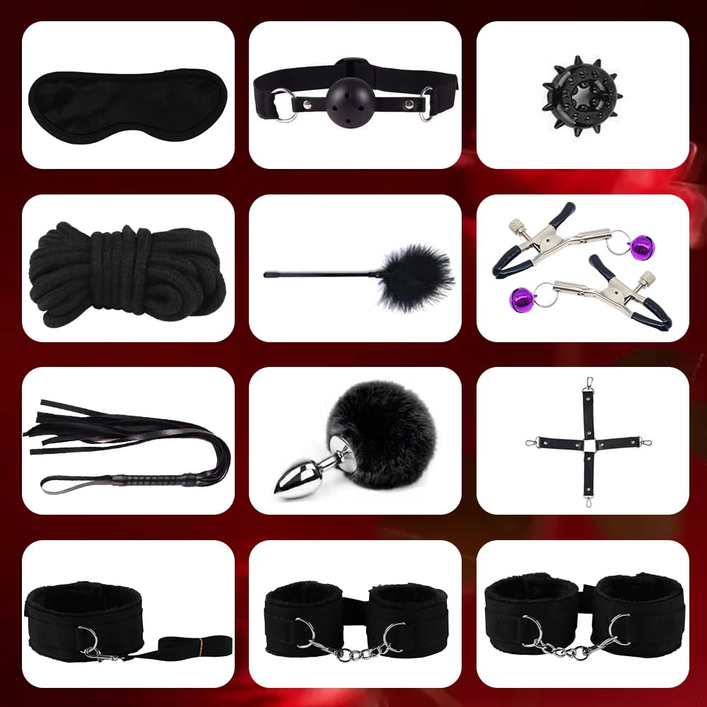 Kits de Bondage, Set de bondage SM, Juguetes para adultos - Esposas, correas, plumas, Set de juguetes eróticos