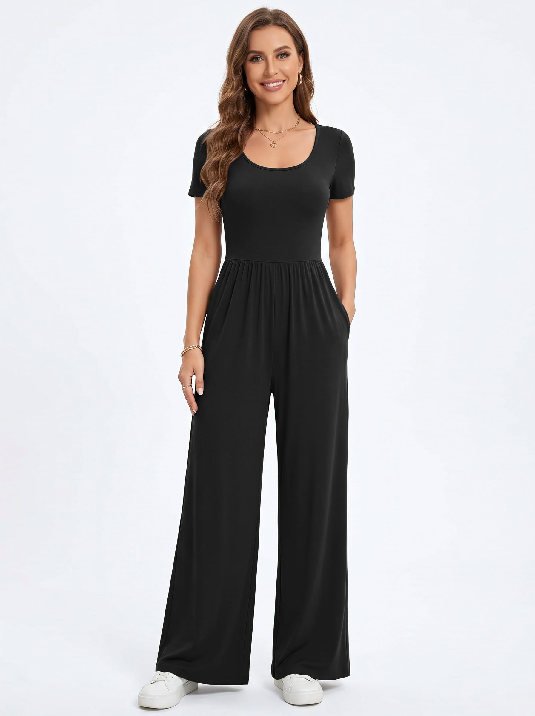 Tuta Intera Donna a Maniche Corte Scollo a U Estiva Casual Jumpsuit a Gamba Larga Palazzo a Vita Alta con Tasche Elegante Slim Fit Monopezzi e Tutine Basic Lungo Overall Elasticizzata Tute