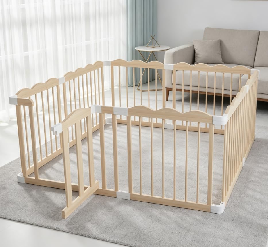 Baby Playpen, Wooden Playpen for Babies and Toddlers, Large Adjustable Wooden Baby Playard with Locking Gate, Easy to Assemble, Portable Play Pen, Infant Play Pen Play Area(48x62x23 Inch)