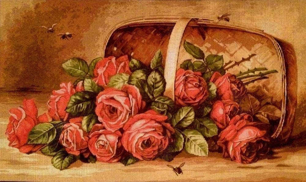 Kit de broderie tapisserie 50x30cm panier rose rouge point de croix DIY