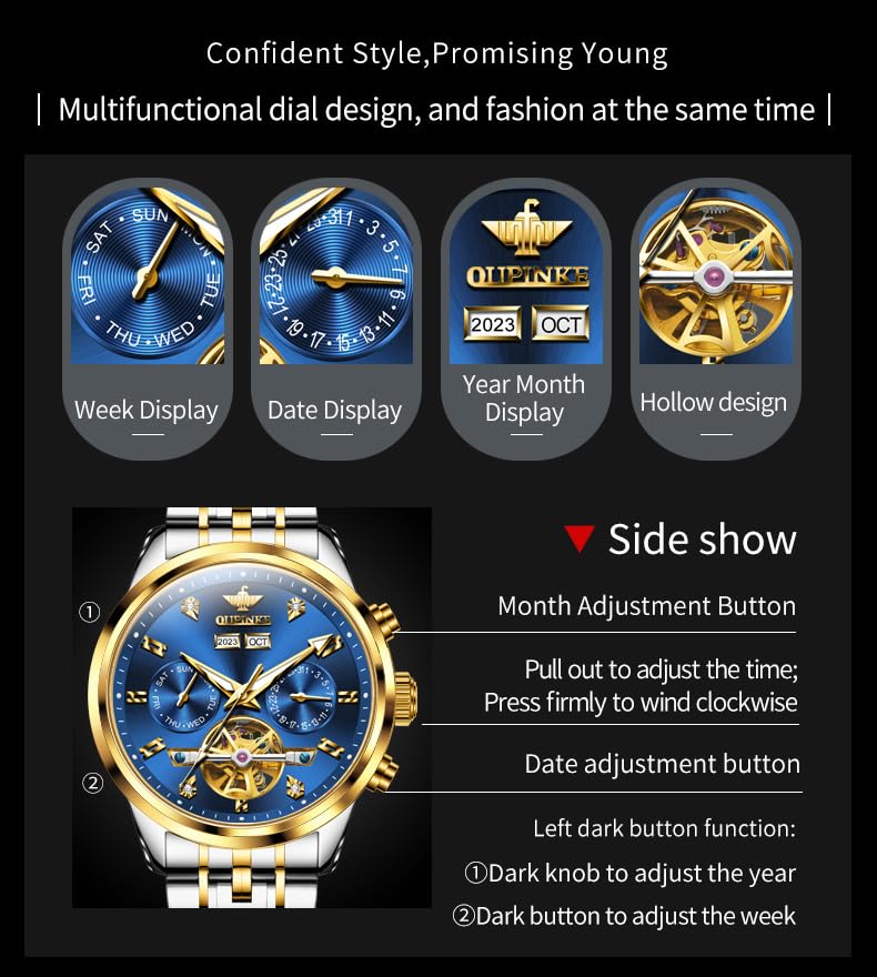 Image of OUPINKE Men's Automatic Watch 44mm Big Dial,Luxury Mechanical Wristwatch,Sapphire Crystal Glass,50M Waterproof, Tungsten Steel with Date Display
