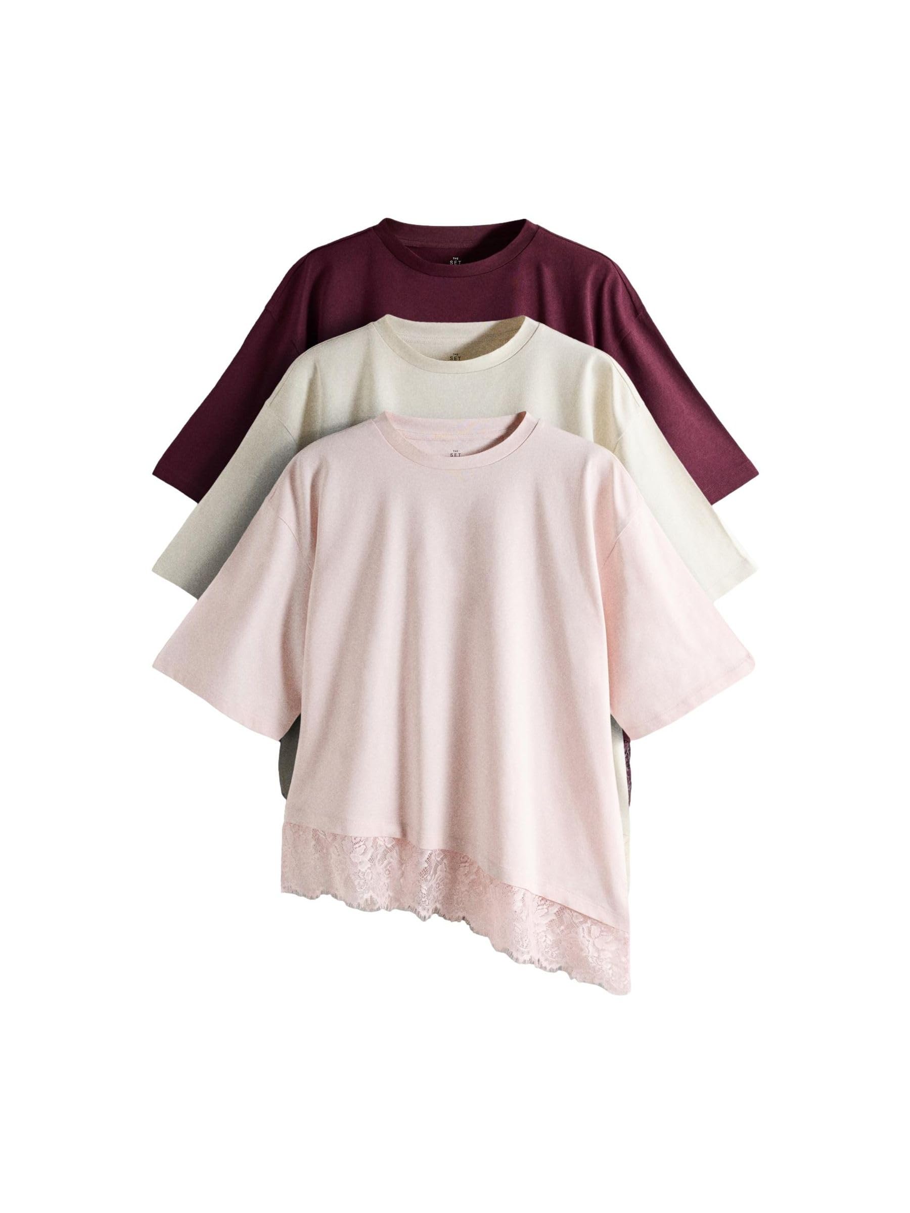 THE SET Femme T-Shirt avec liseré orné de Dentelle, Lot de 3 | Coupe standard, 100 % coton