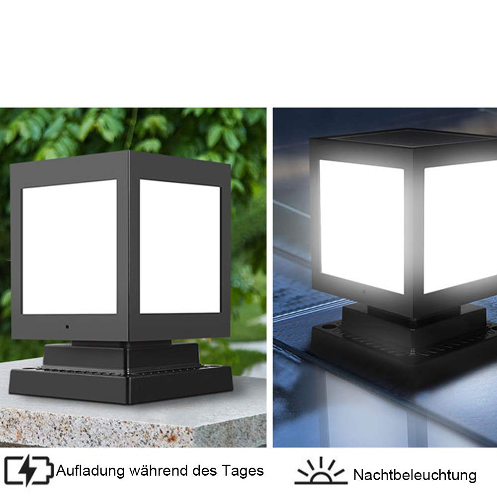 Solarna zewnętrzna lampa słupkowa LED, wodoodporna, ogrodowa lampa solarna do bramy, dziedzińca, werandy, Ø15 cm, czarny kwadrat, 6000 K