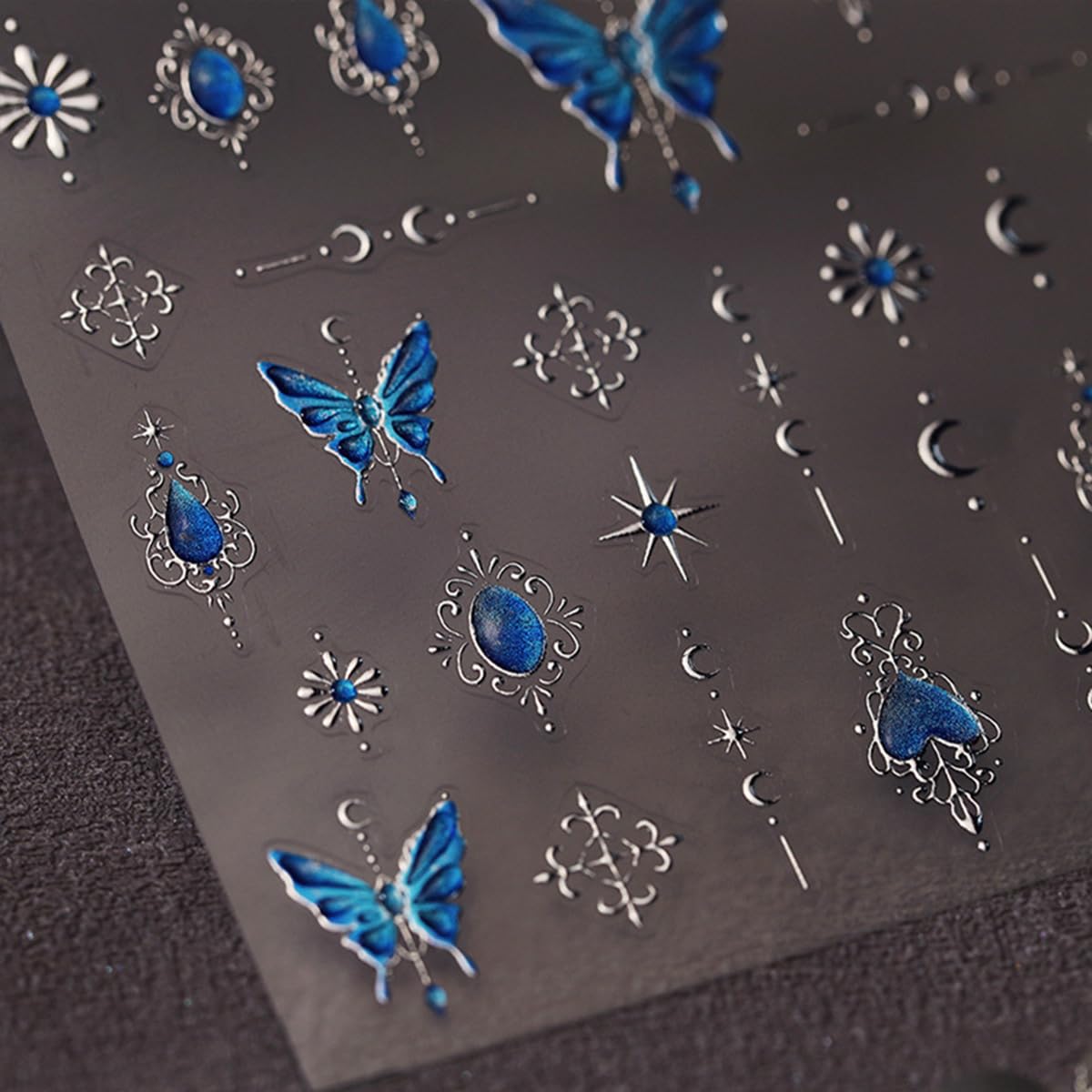 Butterfly Nail Stickers Decals 5D Embossed Blue Butterfly Heart Nail Art Stickers Silver Moon Star Nail Designs Adhesive Nail Decals Sticker Manicure for Women Girls DIY Nail Art Decorations