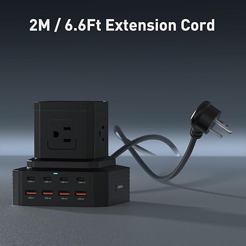 Miniatura 5 de GEEK FULLY Regleta de alimentación con protector de sobretensiones, estación de carga de escritorio, cable de extensión de 6.6 pies con 5 salidas de