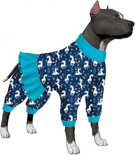 LovinPet Pitbull Jammies - Camisa de unicornio para perro mameluco de recuperación poscirugía estampado azul y blanco de sirenas y unicornios pijama