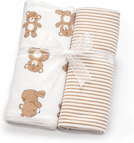 2 Pack Baby Receiving Blanket Set, Soft Lightweight Newborn Swaddle and Pram Blankets, 74 x 87 cm, Teddy Bear and Beige Stripe, Unisex baby Nursery Muslin Blankets, Gift for newborn
