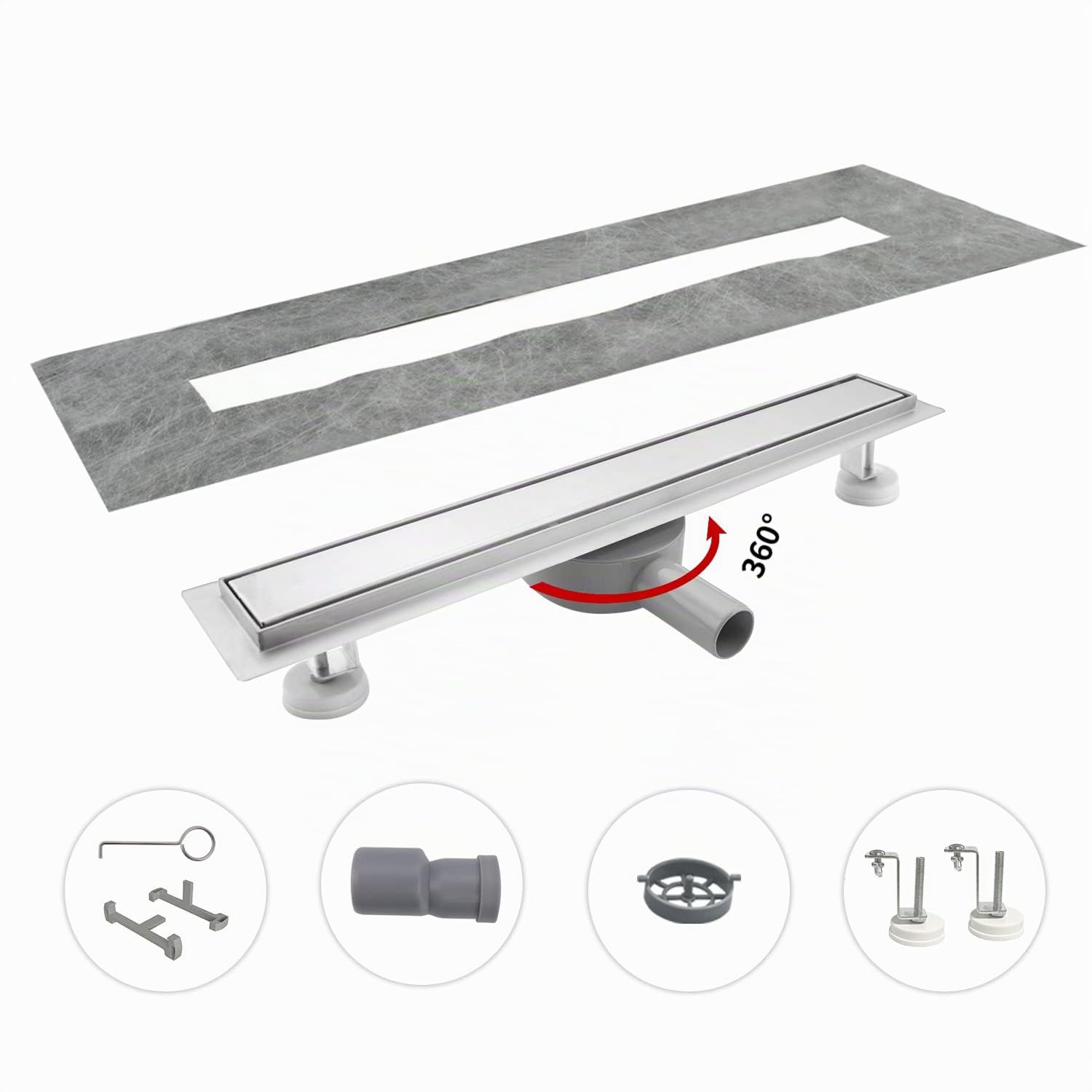 Caniveau de Douche 30cm, Acier Inoxydable, avec Siphon 360°, Plat | Caniveau de douche extra plat en acier inoxydable, Drainage Rapide, Siphon à Bloqueur d'Odeurs et Filtre à Cheveux