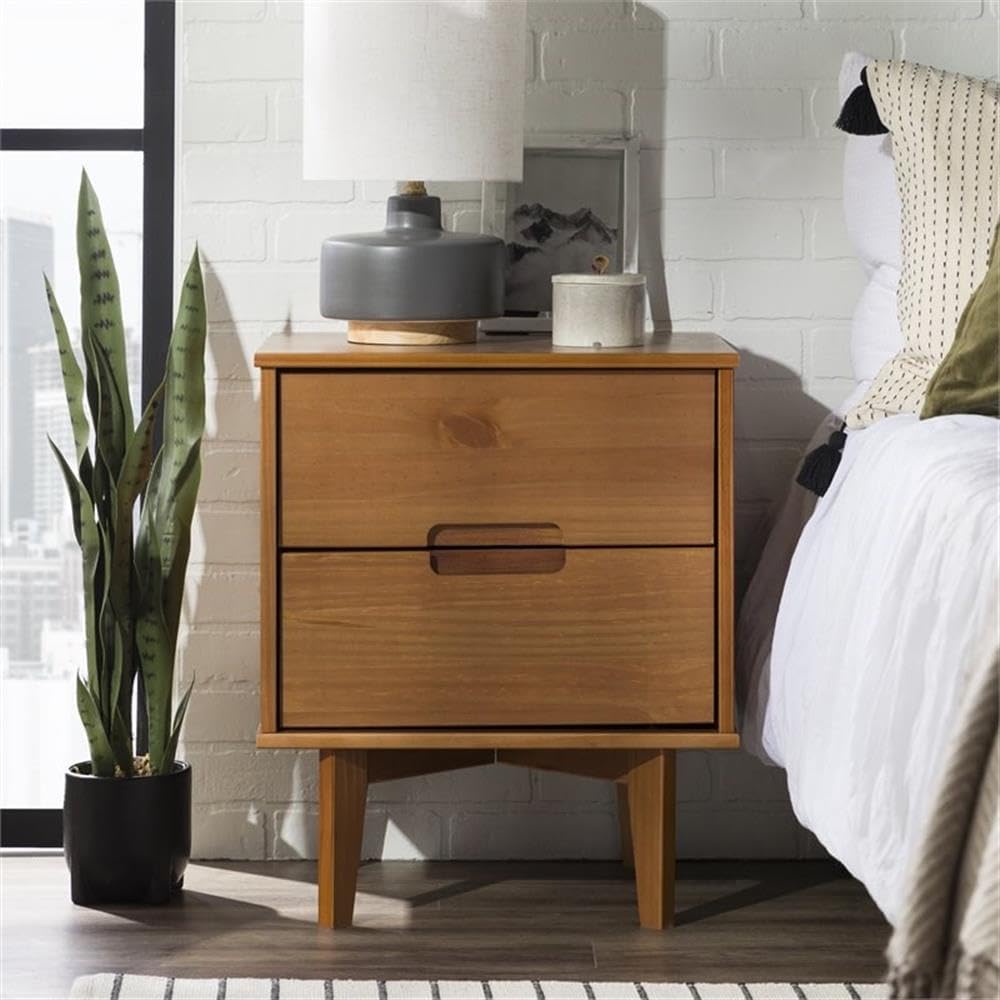 Mid Modern Grooved Handle Wood 2-Der Nightstand