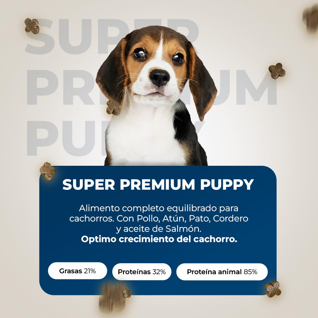 Pienso Cachorros - Comida para Perros Cachorros con Pollo, Atún, Pato y Cordero - Crecimiento Óptimo - 15kg Lobo Azul Puppy