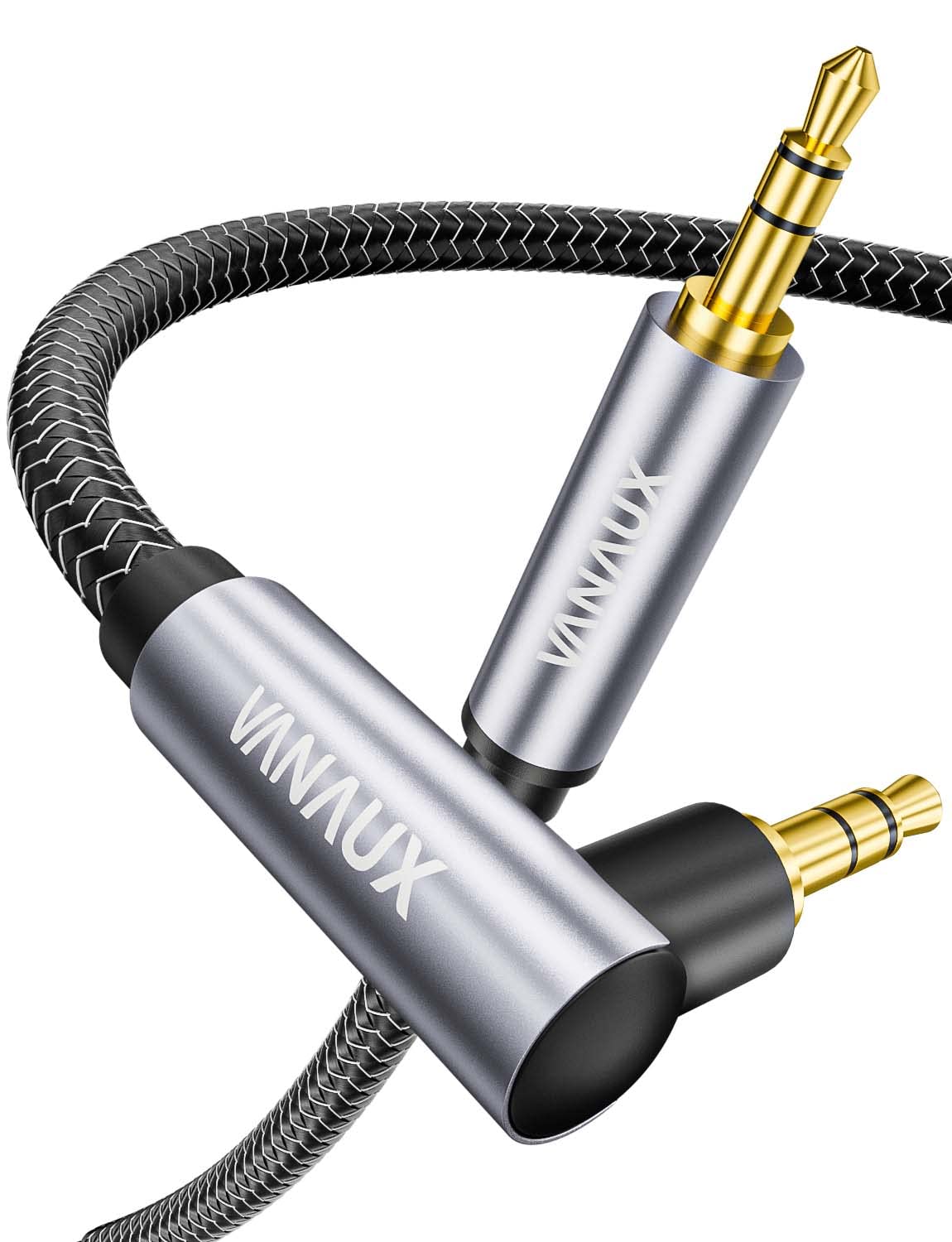 VANAUX3.5mm Audio Cable,90 Degree Aux Cord, Male to Male 1/8 Audio Auxiliary Cord, Gold Plated Nylon Braided for Car, Headphones,Home Stereos,Speaker,Echo,Carro(6.6ft/2m)