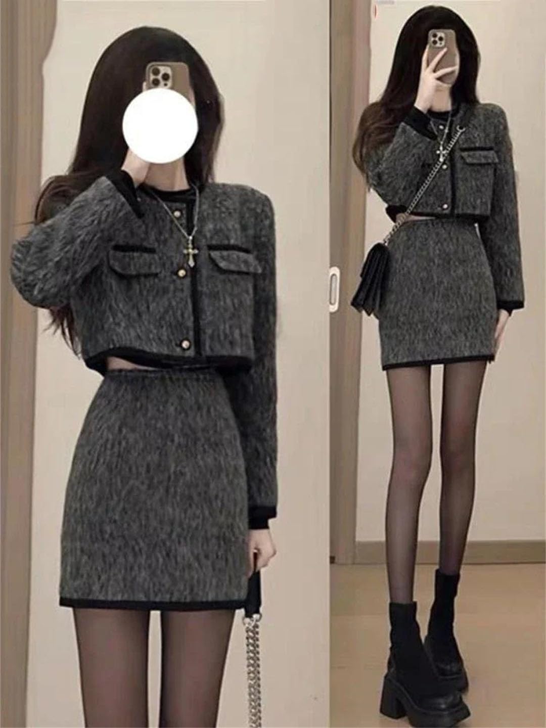 Women Tweed 1231 Vintage Single Breasted Cropped Blazer Jacket Mini Skirt Suit Small Fragrant Outfits