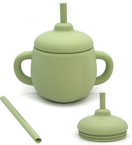 Rayshie Vasos de alimentación para bebés con pajita, vasos de aprendizaje de 6.9 fl oz a prueba de derrames, silicona de grado alimenticio con taza
