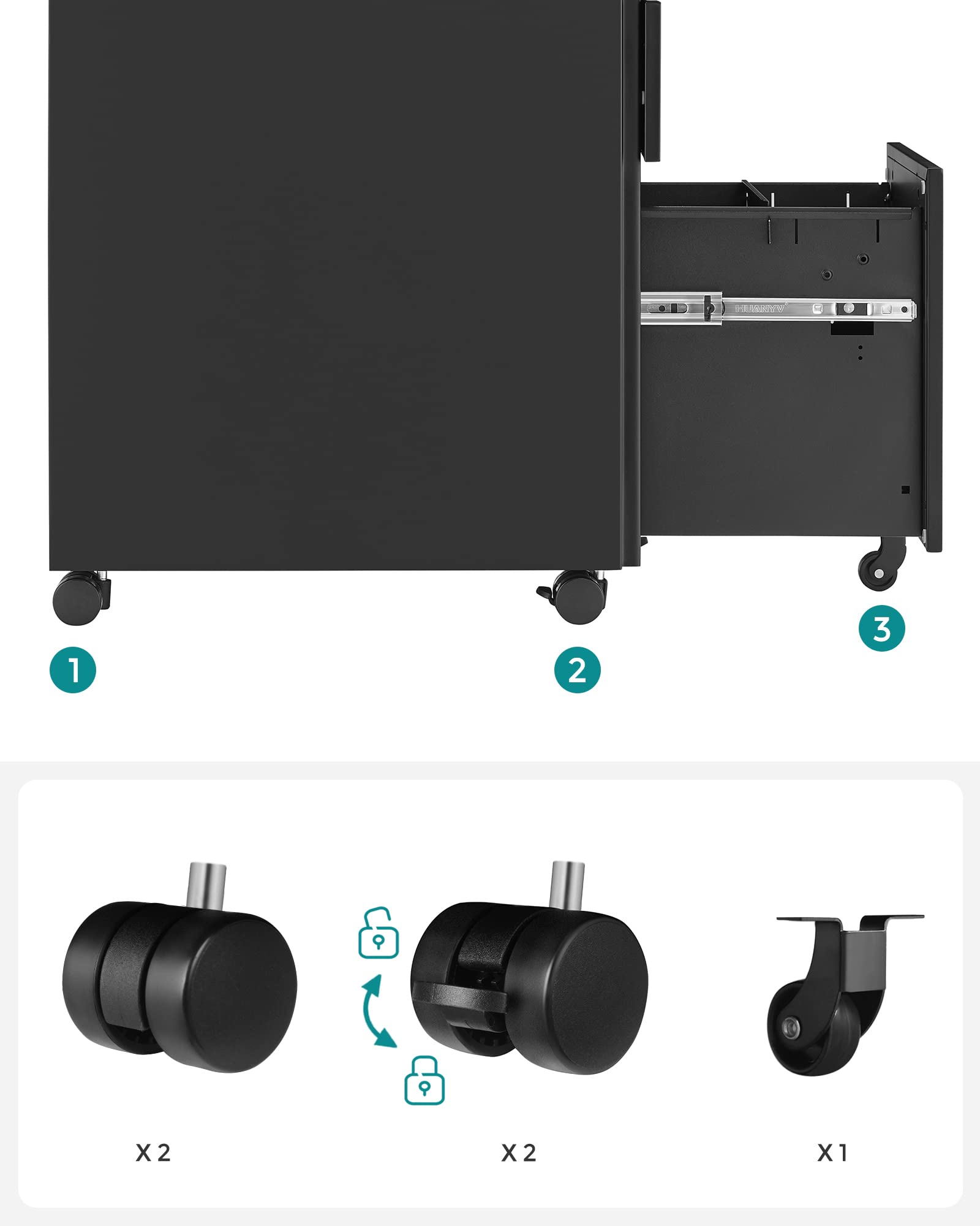 SONGMICS Archivador móvil, Cajonera de Oficina con Ruedas y Cerradura, para A4, Documentos, Carpetas de Archivo, Negro OFC031B01
