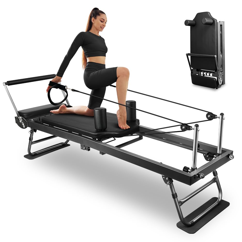 Pilates Reformer, faltbares Pilates-Gerät und Zubehör für das Training im Heim-Fitnessstudio, geeignet für Fortgeschrittene und Anfänger, max. 200 kg, schwarz