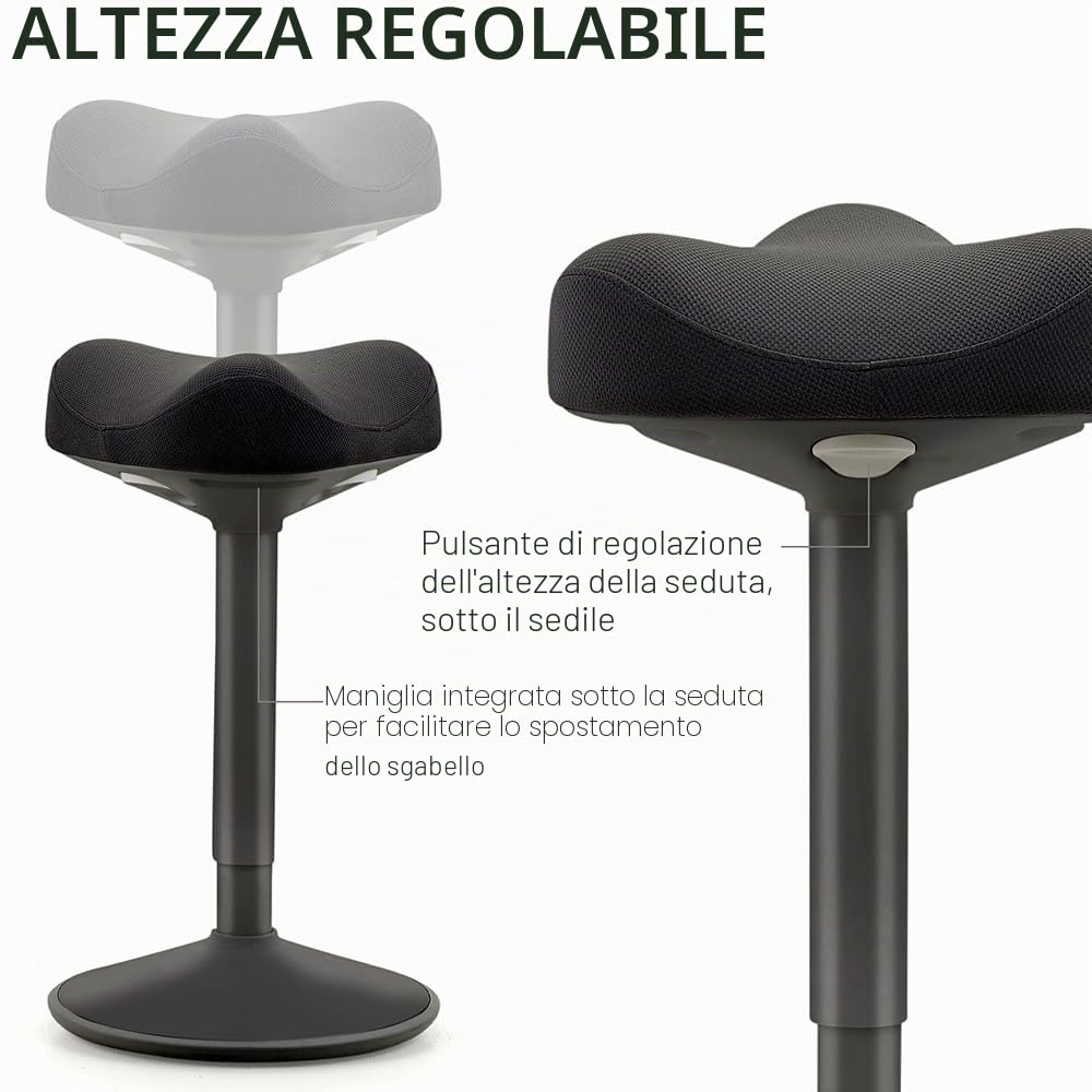 Sgabello ergonomico a dondolo, migliora la postura, base bombata antiscivolo, seduta comfort trapuntata, forma sella, altezza regolabile, post seduto in piedi, lavoro, ufficio, casa, disegno, nero