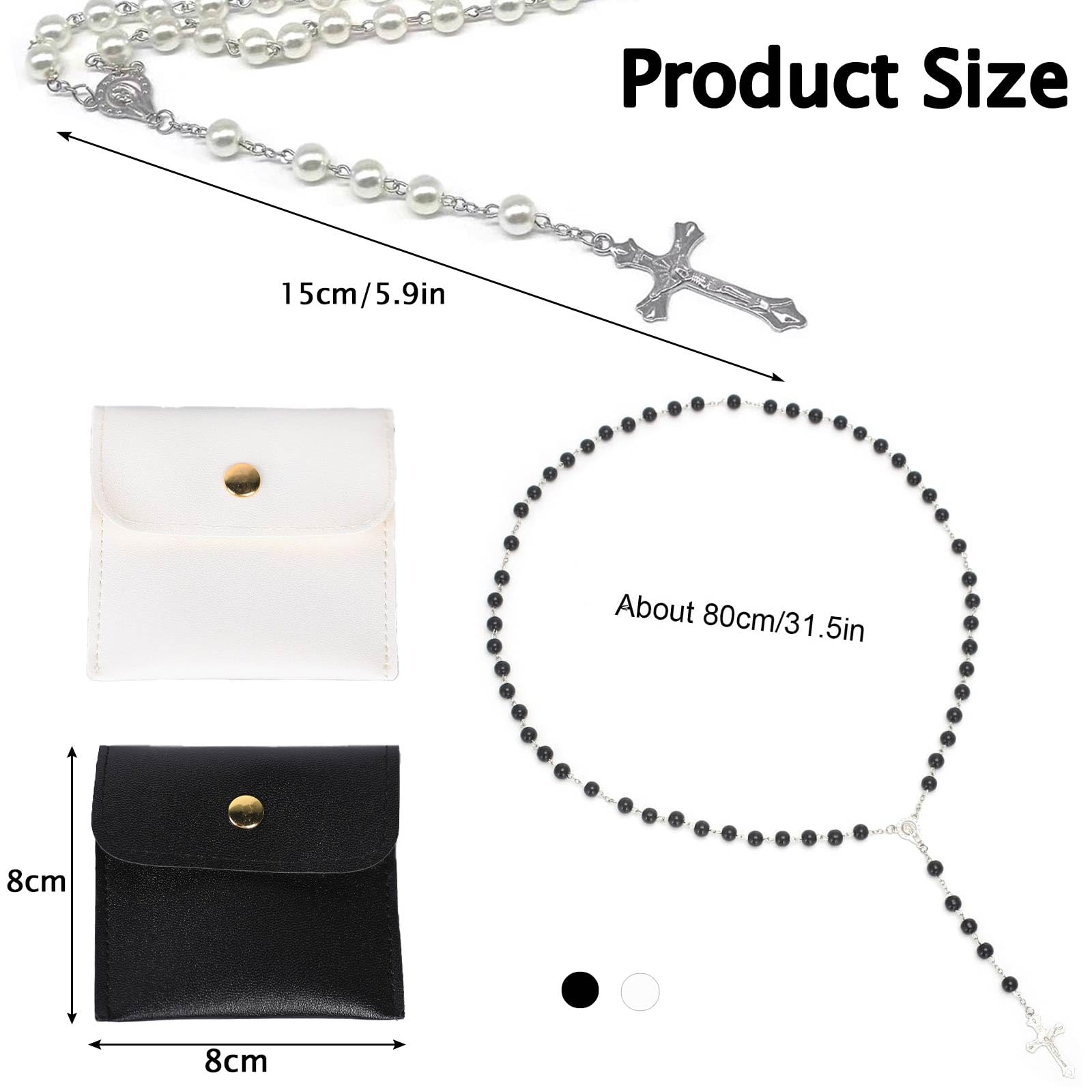 Collana Rosario con Perle e Croce di Gesù in Lega per Donne e Uomini, 2 Pezzi con Sacchetto in PU