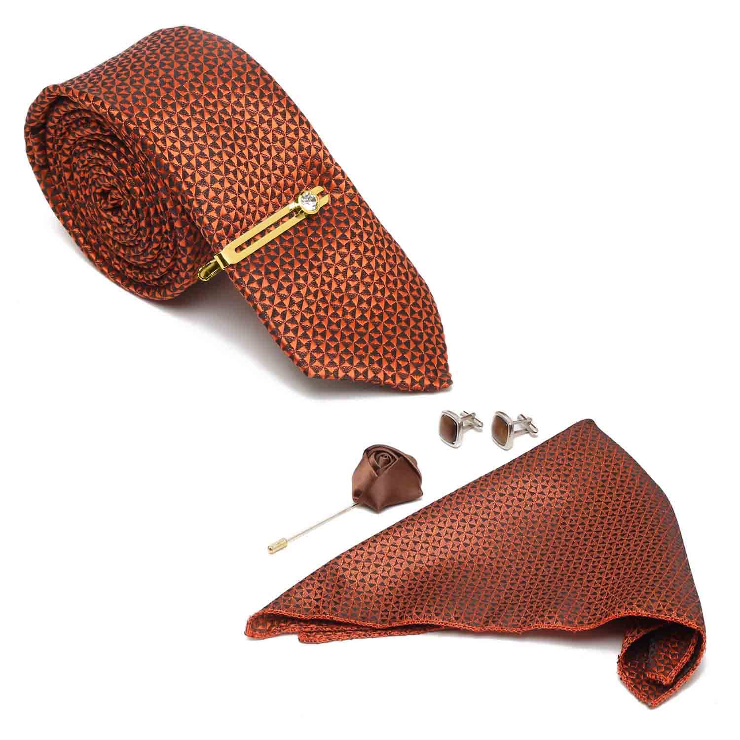 mutaqinoti Mens Brown Silk Necktie Set Incl Pocket Square Cufflinks Golden Tiepin Brooch American Style Formal Tie Gift Set for Men (TEBR05GP)-picture-28