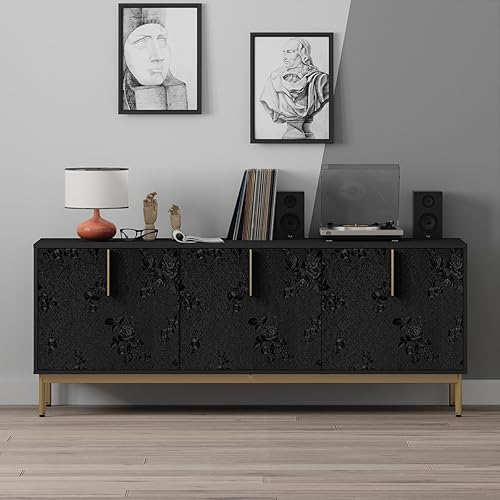 Miniatura 8 de Erfoni Papel tapiz negro para despegar y pegar, papel de contacto con estampado floral negro en relieve, 17.7 x 78.7 pulgadas, papel tapiz de flores