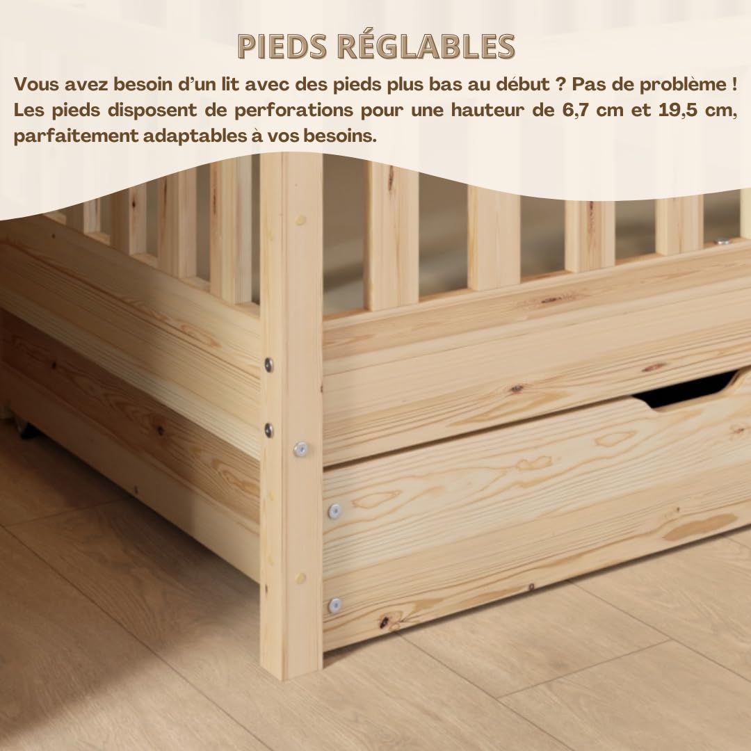 Lit Cabane avec Tiroirs 190x90 cm – Lit Enfant en Bois Naturel avec Barrière – Montessori au Sol avec Espace de Rangement Supplémentaire et Barrière Amovible - Crazy House