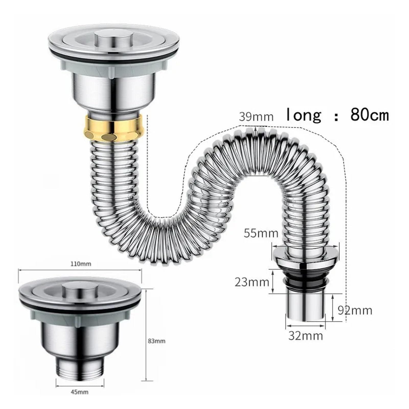 Siphon Waschbecken Küchenspüle-Abflussrohr, Edelstahl-Spülbeckensieb mit Spülbeckenstopfen/Dichtungsdeckel, Küchenspüle, Abwasserrohr, Abflussrohr(Type A)