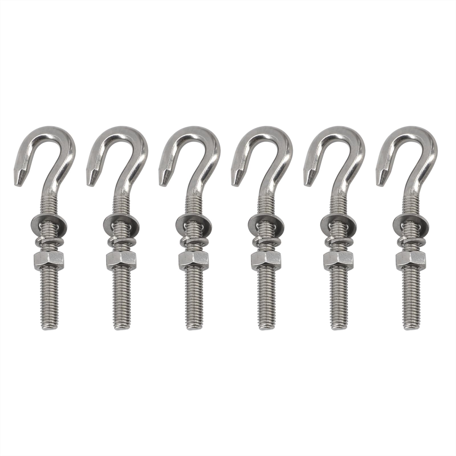 6 Pack M8 304 Stainless Steel Hook Bolt Long Shank Threaded Rod Hanging Hook with Washers an Nut for Garden, Fence, Hammocks, Swing Chair