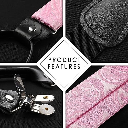 Image of HISDERN Suspenders for Men Paisley Floral Bow tie Suspender Pocket Square Sets Adjustable Y Shape 6 Clips Wedding Braces