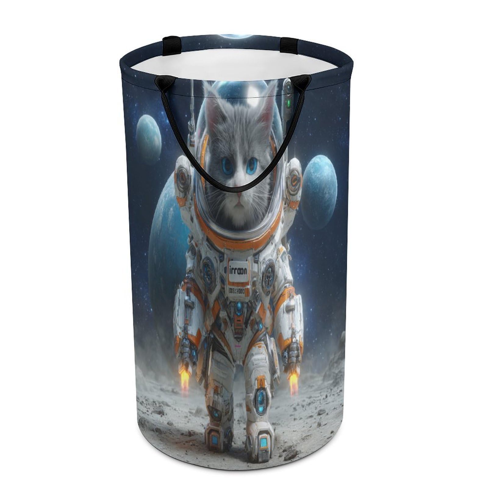 LUYYSKY Funny Fantasy Cat Astronaut Versatile Storage Laundry Basket, Modern Vintage Space Outer Space Galaxy Planet Animals Kitten Large Capacity Bathroom Hamper With Handle