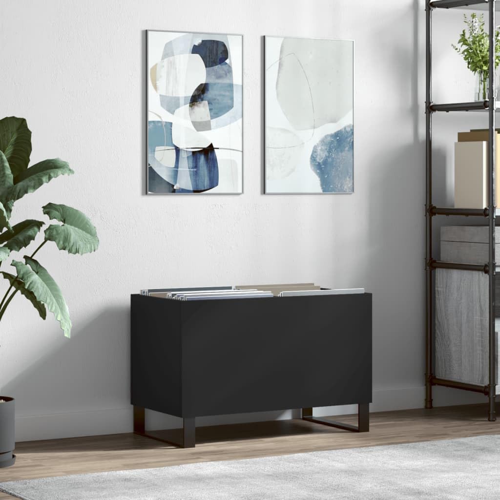 Czarna szafka panelowa 74,5 x 38 x 48 cm, materiał drewnopochodny ze stabilnym dnem, żelaznymi nogami, idealna do winylu, płyt LP, płyt winylowych, schowków, zarządzania kablami, telewizora