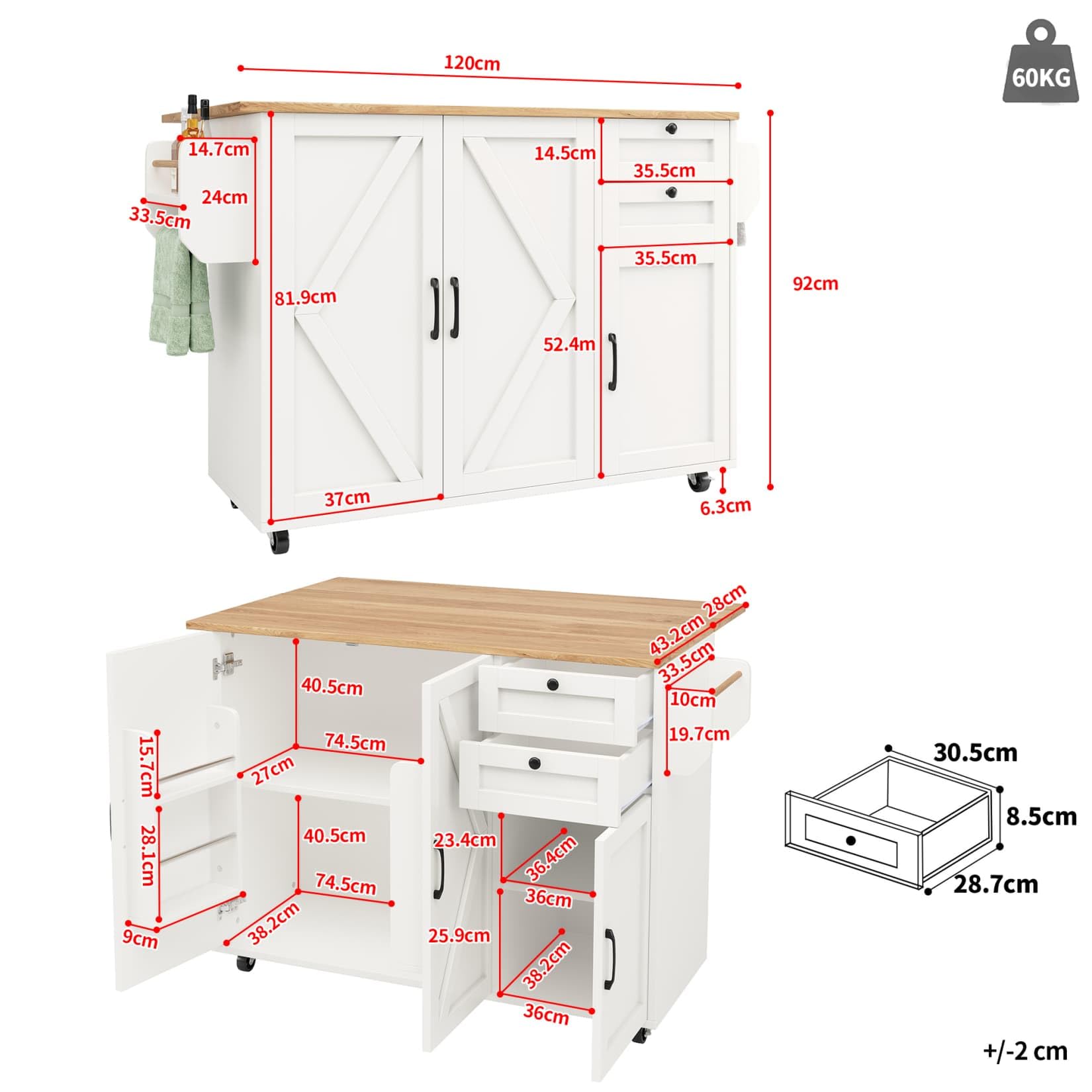 PUGSDRLY Desserte ilôt de Cuisine avec roulettes,Buffet Cuisine de Rangement avec Plateau de Table Pliable,Chariot de Repas,2 Tiroirs et 3 Portes,Espace de Rangement Multifonctionnel (Blanc-C)