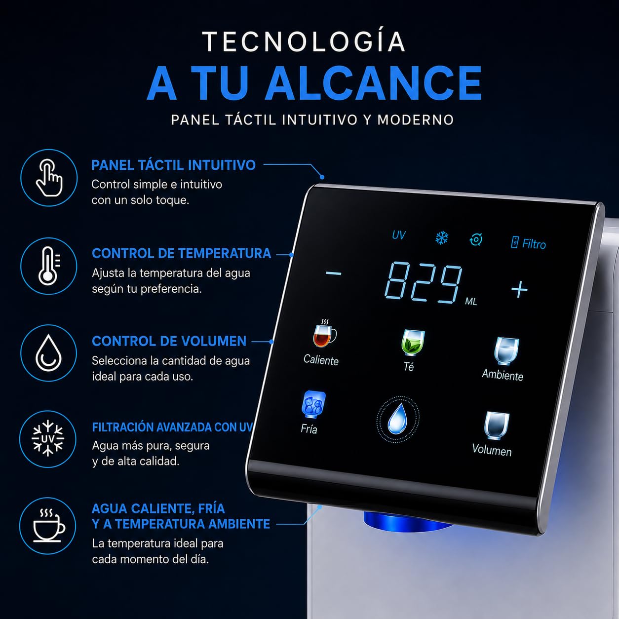 Filtro Dispensador de Agua Fría, Caliente y Natural, Purificador de Agua sin Garrafón, Filtro de 2 Etapas, Esterilización UV, de Sobremesa.