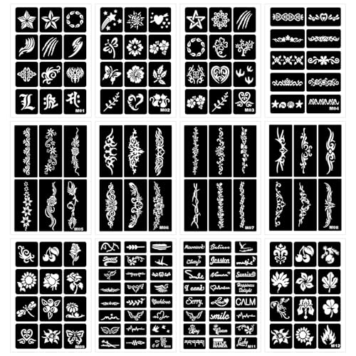 Henna Schablonen, 142 Stück Temporäre Henna Tattoo Schablonen, 12 Blätter Henna Tattoo Set für Frauen Mädchen Teens Face Paint Body Art