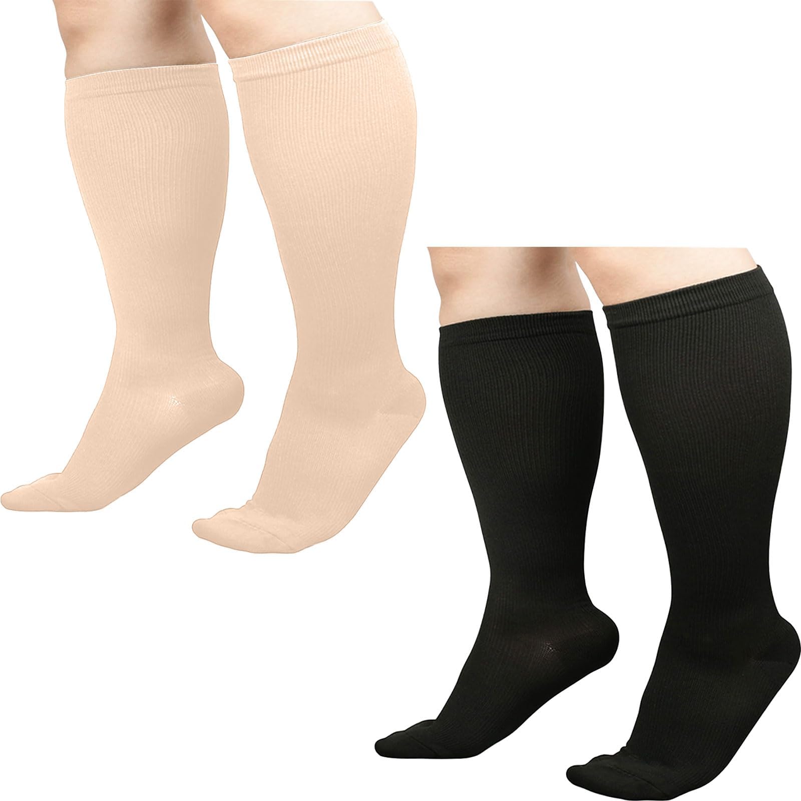 2 Pairs Plus Size Compression Socks for Women & Men,Wide Calf Large Calves Flight Socks Compression Stockings Knee High Pressure Support Stockings for Pregnancy Nurses Travel